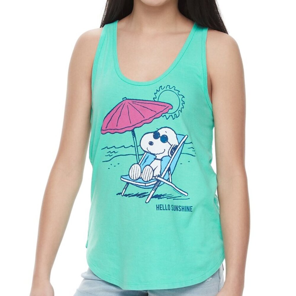 New! Peanuts Snoopy Beach Racerback Tank Top T-Shirt Hello Sunshine
